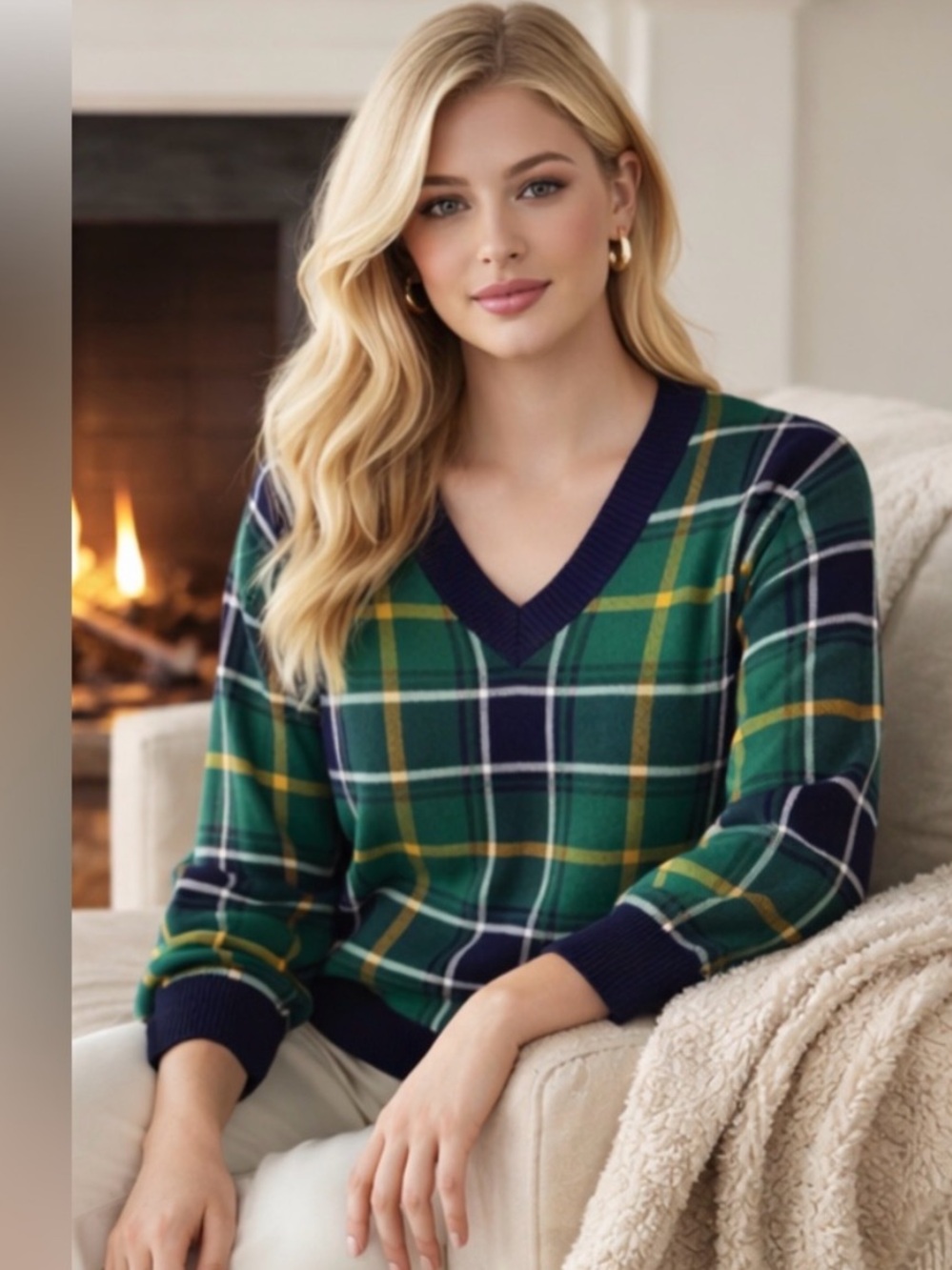 EUC Tahari v-neck, academia, navy, green & yellow plaid sweater size medium